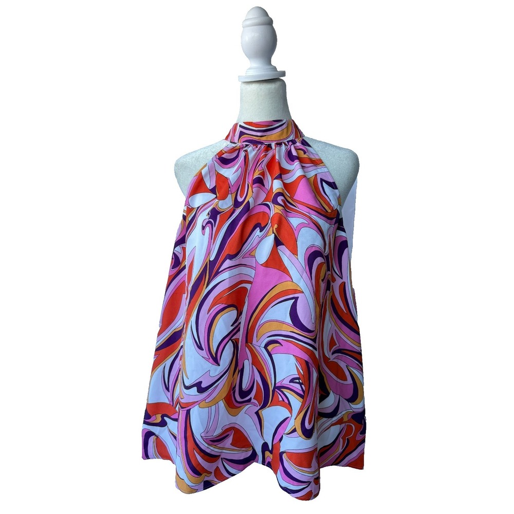 Express Top Women L Multicolor Groovy Retro Mod Halter Psychedelic Boho Chic NWT